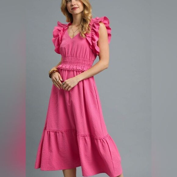 Umgee V-Neck Ruffled Cap Sleeve Midi Dress Pink Ruffle Midi Dress sz Large - Picture 5 of 7